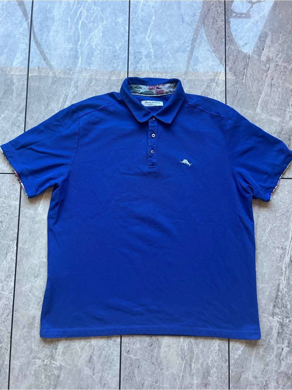 Tommy Bahama IslandZone Men's Polo Blue Floral Collar Trim Marlin Embroidered XL